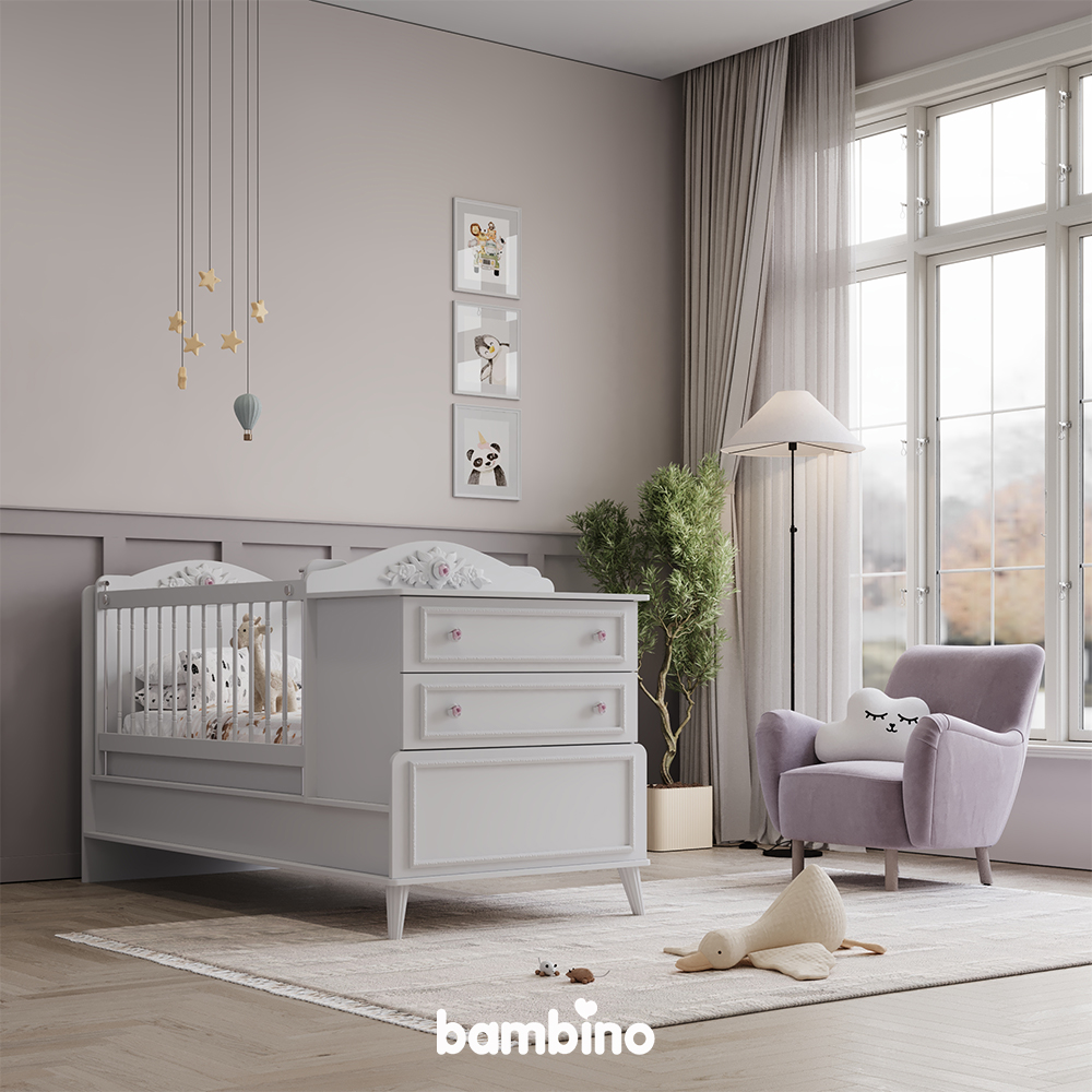 تخت خواب نوزاد نوجوان دختر چهار منظوره سرویس سیسمونی مدل نیو رز newrose بامبینو bambino
