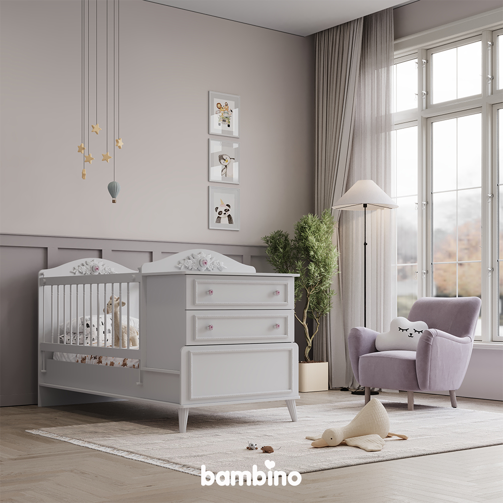 تخت نوزاد نوجوان دو منظوره دخترانه سرویس سیسمونی مدل نیو رز newrose بامبینو bambino